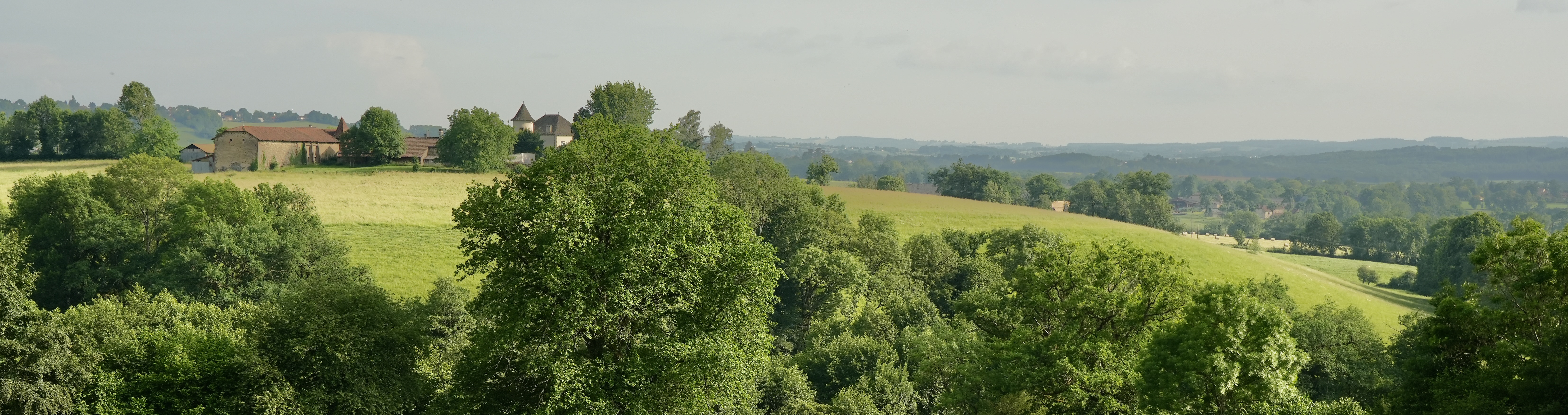 Vue panoramique des collines boisées du Cantal, avec les bâtiments de la ferme au loin